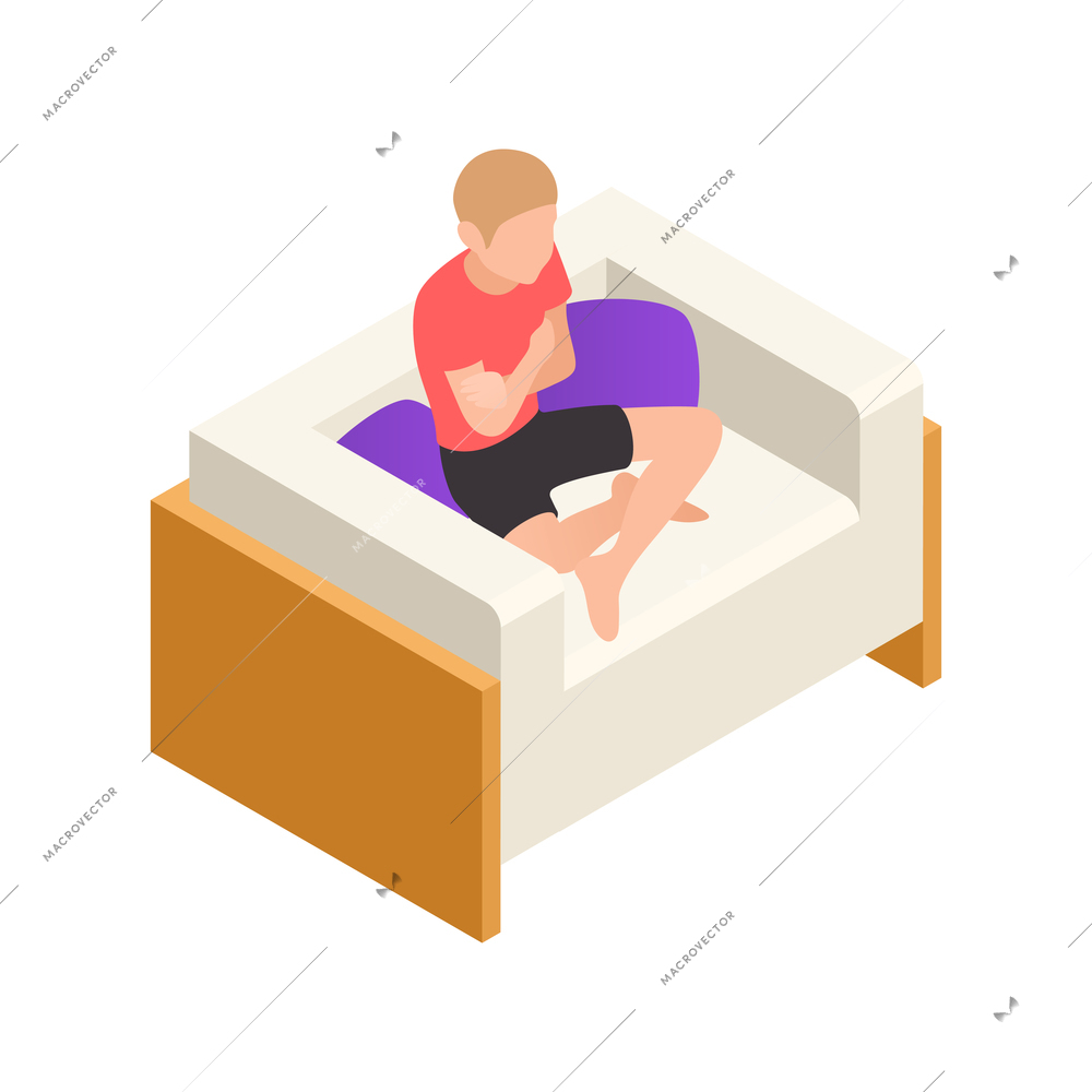 Isometric icon with stressed little boy sitting in armchair 3d vector illustration