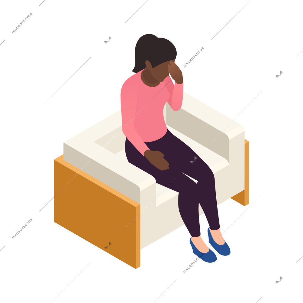 Isometric icon of crying woman in armchair 3d vector illustration