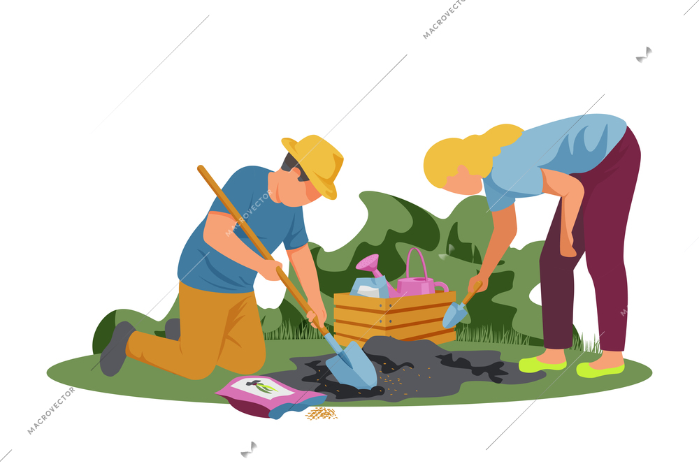 Spring gardening flat composition with man and woman planting seeds vector illustration