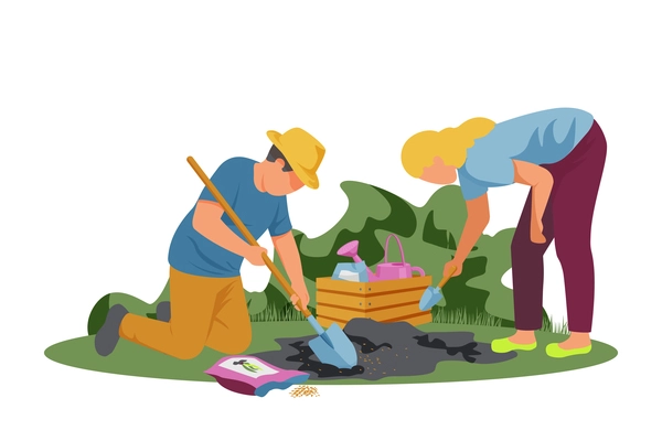 Spring gardening flat composition with man and woman planting seeds vector illustration