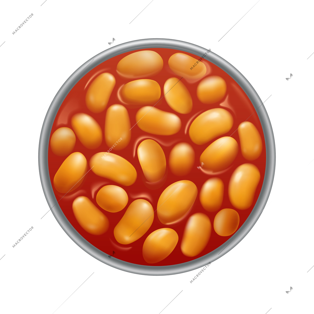 Realistic icon of opened can tin with baked beans in tomato sauce top view vector illustration