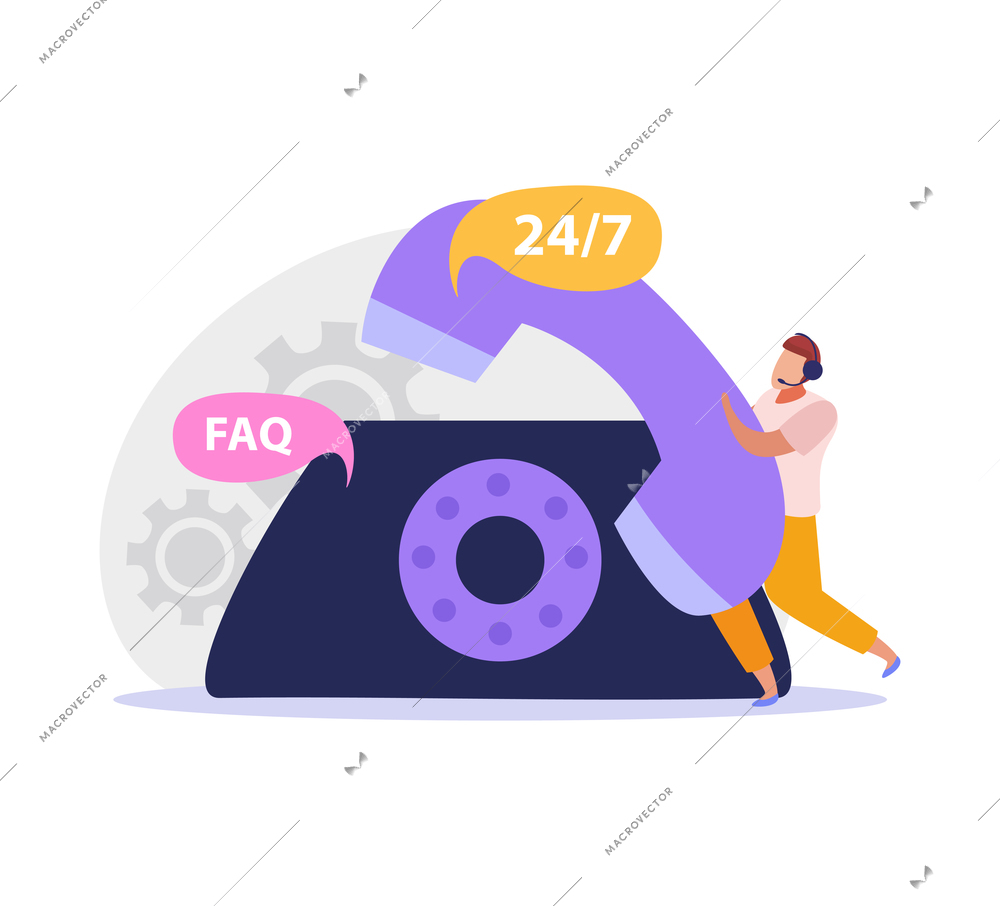 Online support call center icon with telephone and character of male operator flat vector illustration