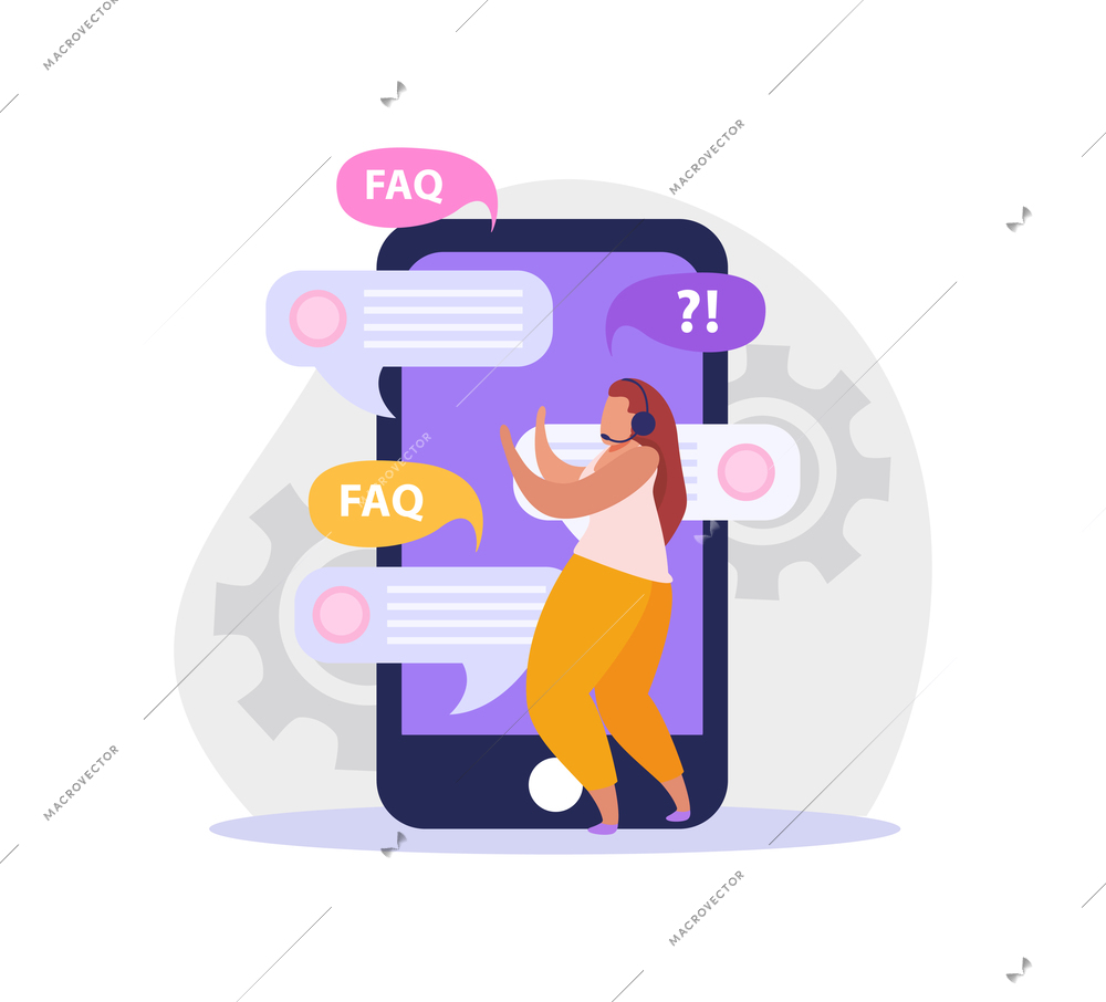 Online support worker answering customers questions in smartphone chat flat vector illustration