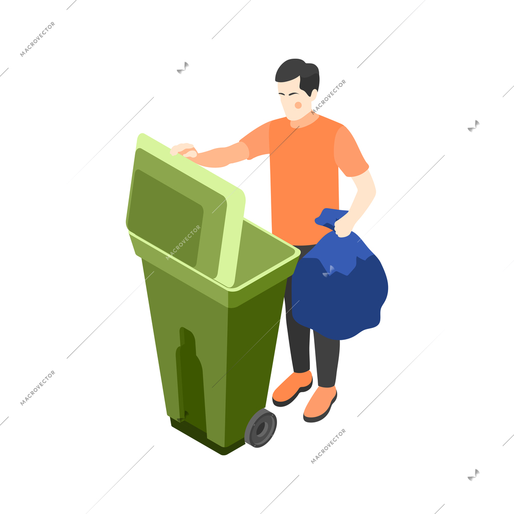 Man putting bag with rubbish into bin isometric icon vector illustration