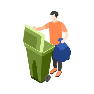 Man putting bag with rubbish into bin isometric icon vector illustration