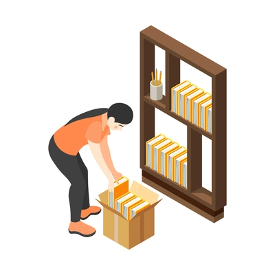 Renovation removal into house isometric icon with character putting books on shelves 3d vector illustration