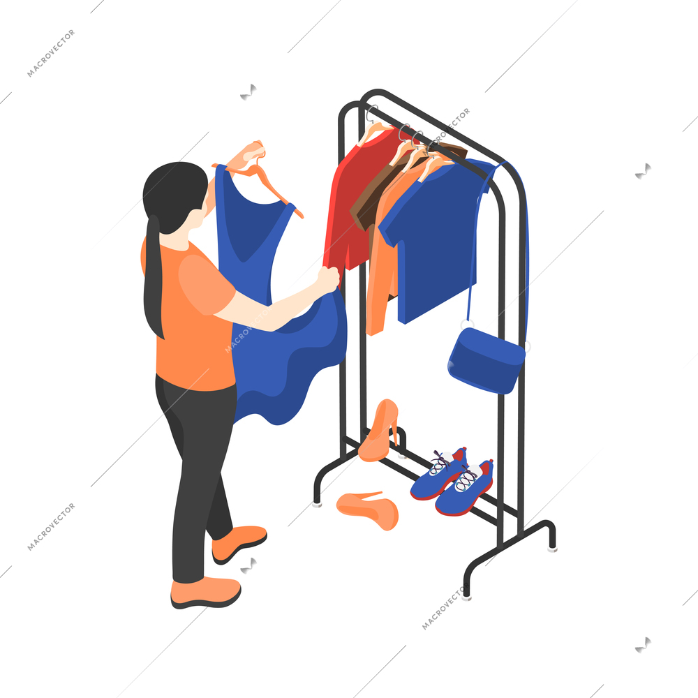 Isometric icon with woman sorting or choosing clothes 3d vector illustration