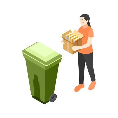 Isometric renovation icon with woman throwing away old books 3d vector illustration