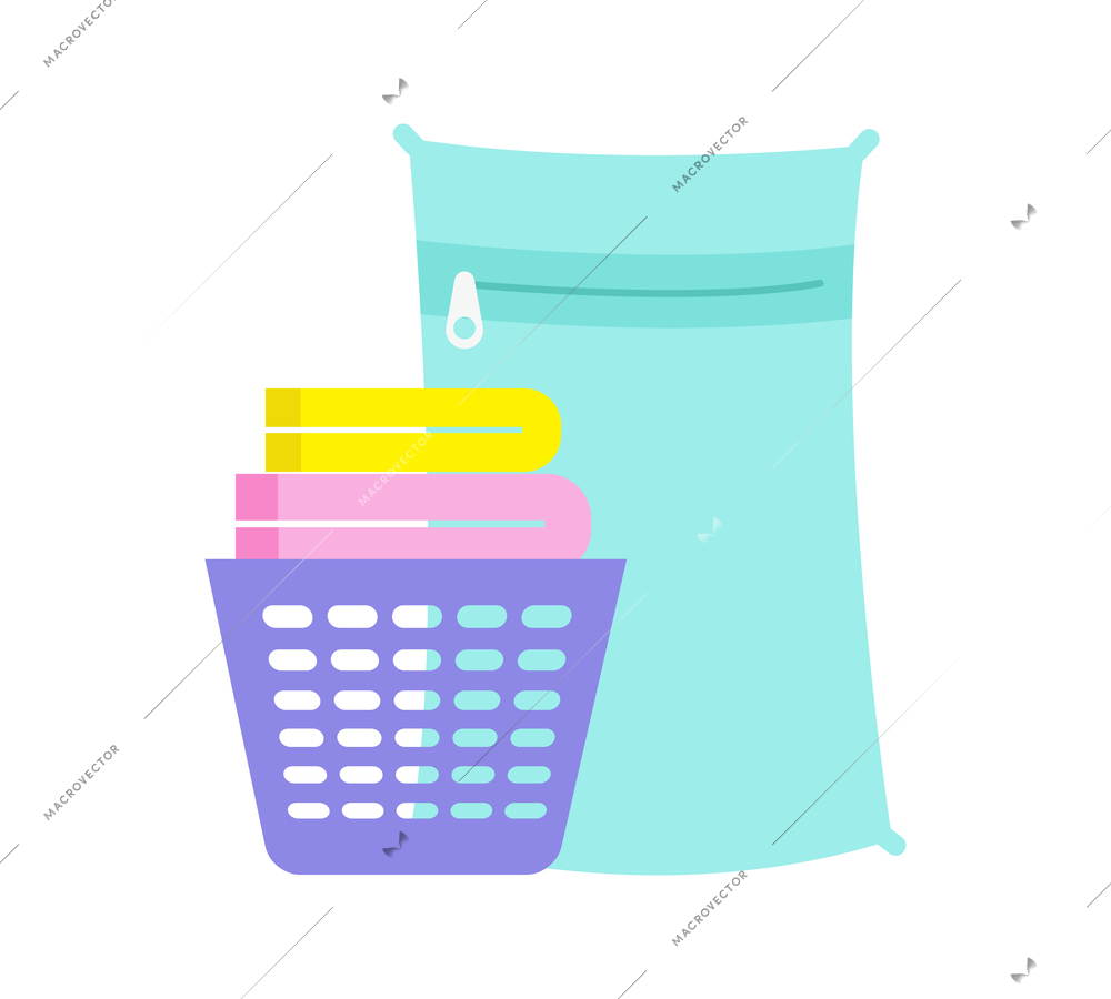 Laundry flat icon with colorful wash bag and basket vector illustration