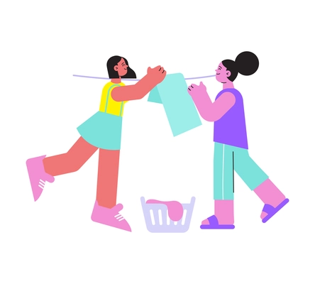 Two flat characters hanging out laundry vector illustration