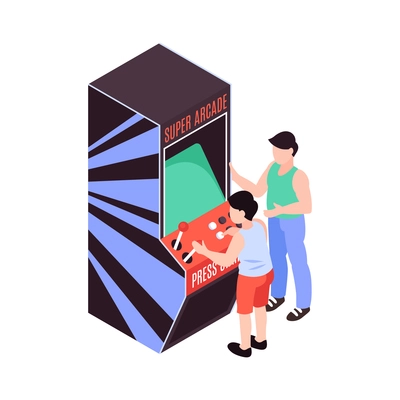 Two characters of kid and adult playing on arcade game machine 3d isometric vector illustration