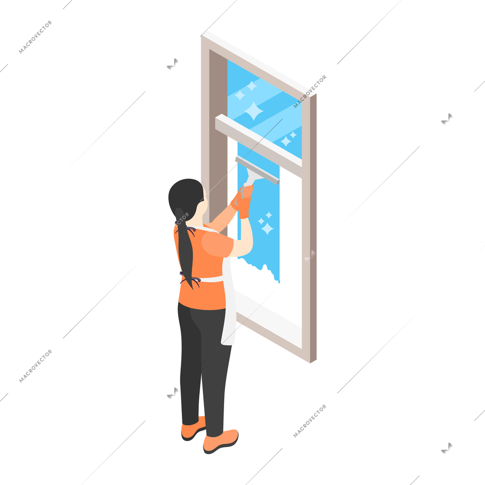 Isometric icon with character in gloves washing window 3d vector illustration