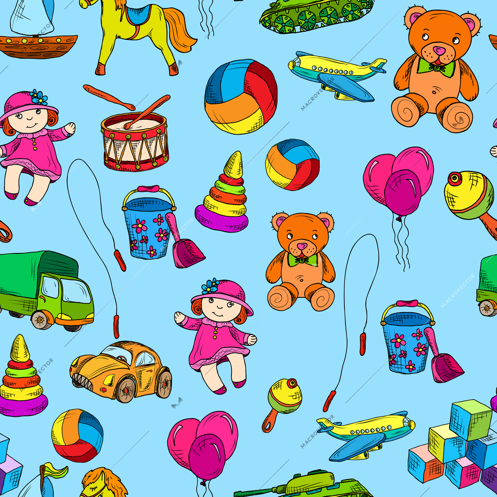 Vintage kids toys sketch colored seamless pattern with doll bucket pyramid vector illustration.