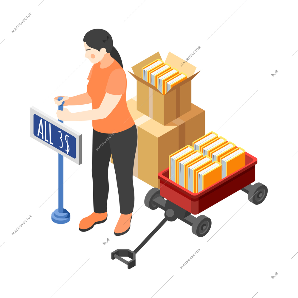 Renovation yard sale isometric icon with woman selling old books 3d vector illustration