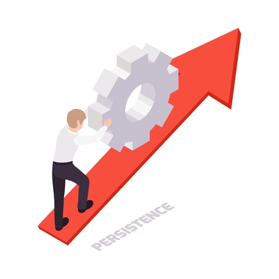 Soft skills concept icon with isometric character pulling big gear up 3d vector illustration