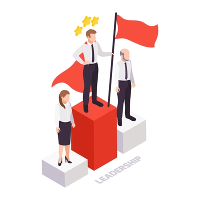 Isometric soft skills leadership concept with three business people standing on podium vector illustration