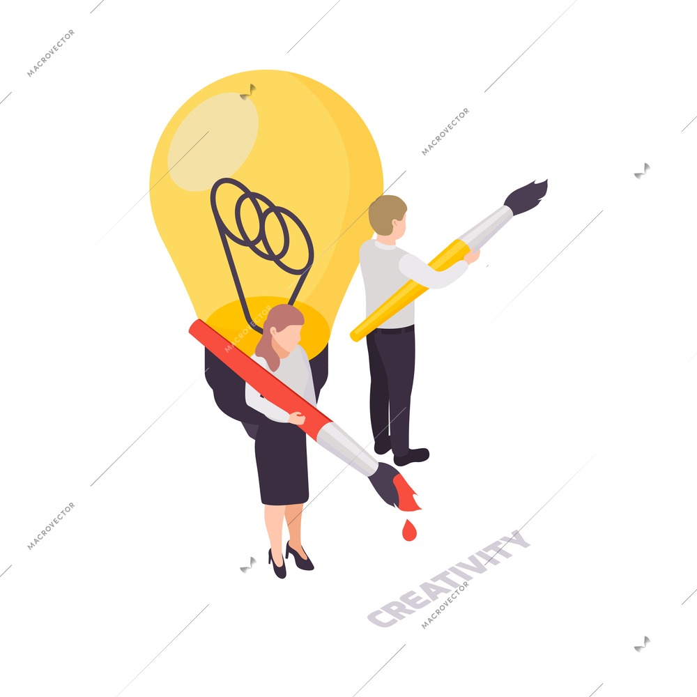 Creativity soft skills concept icon with light bulb and two characters holding brushes isometric vector illustration