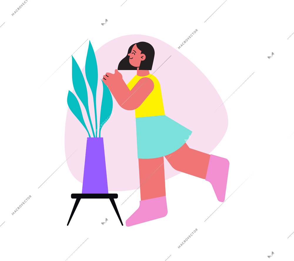 Happy woman with home plant in pot on small table flat vector illustration