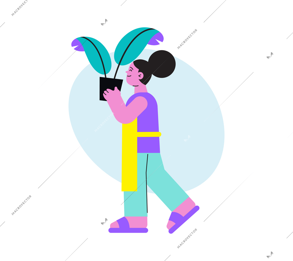 Character in yellow apron carrying pot with domestic plant flat vector illustration