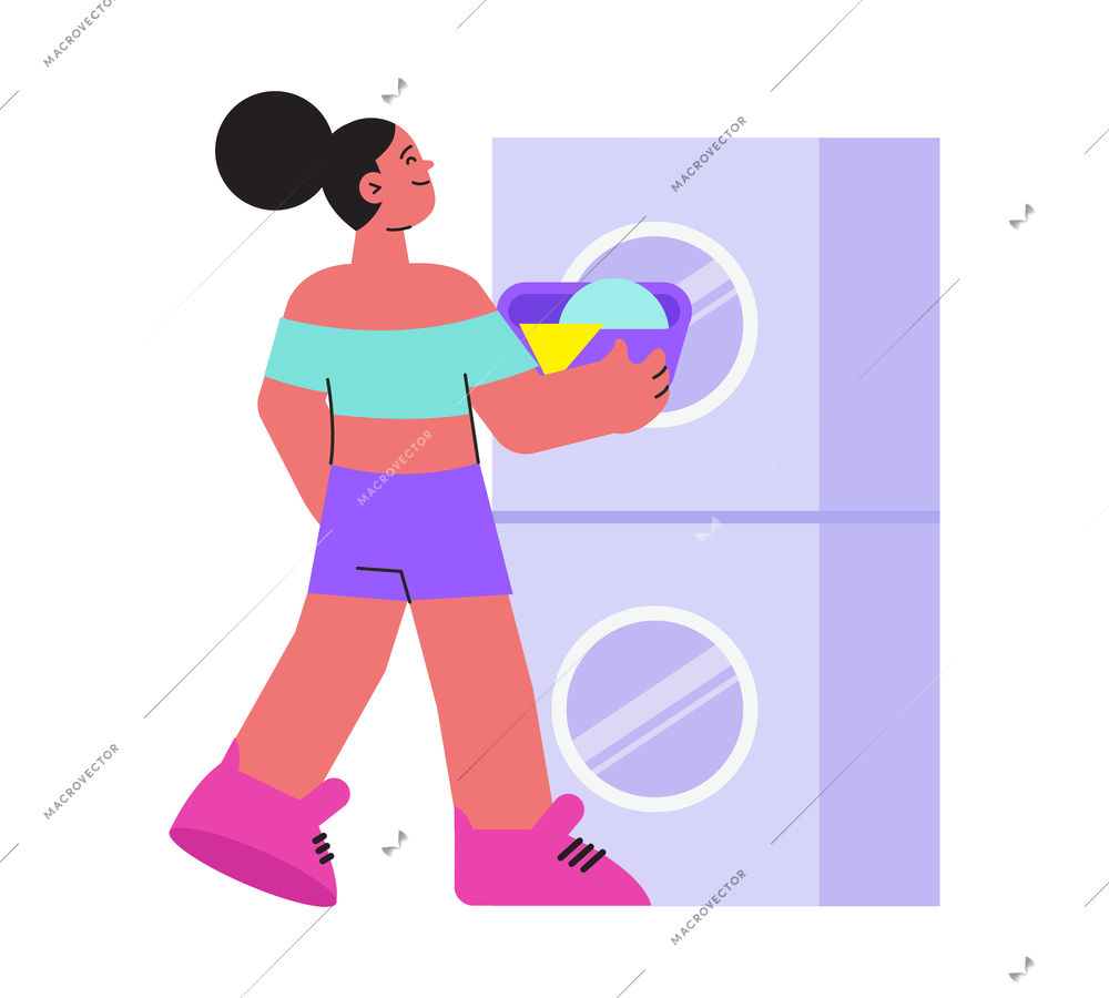 Flat icon with happy character doing laundry in launderette vector illustration