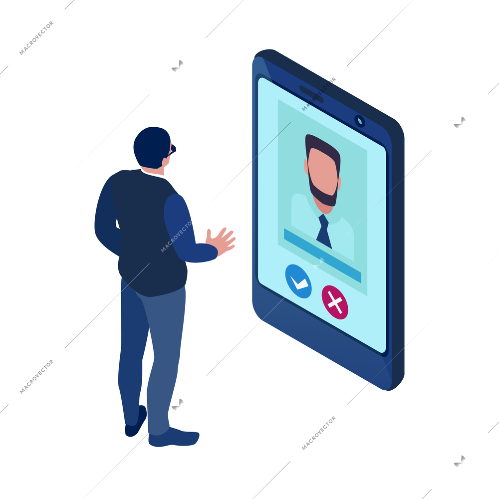 Isometric recruitment icon with hr specialist and resume of job candidate on tablet screen vector illustration