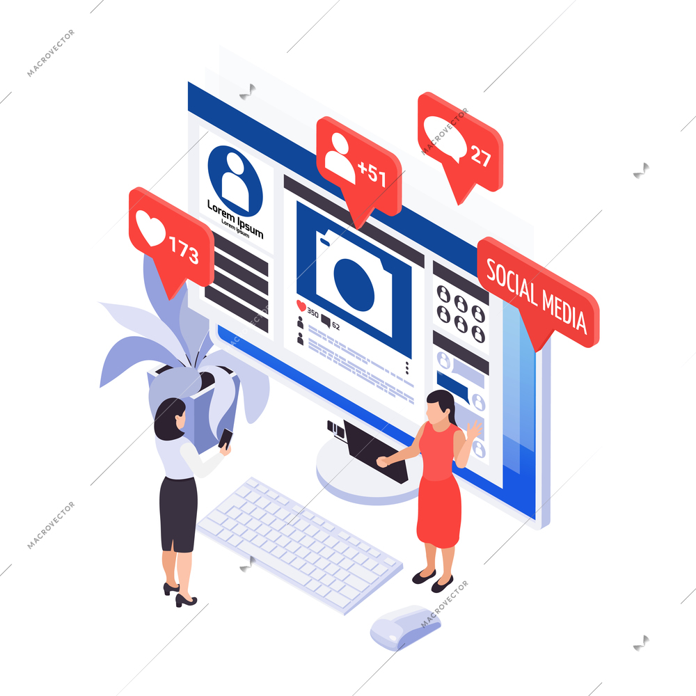 Isometric icon with post in social media on computer screen and characters using smartphones vector illustration