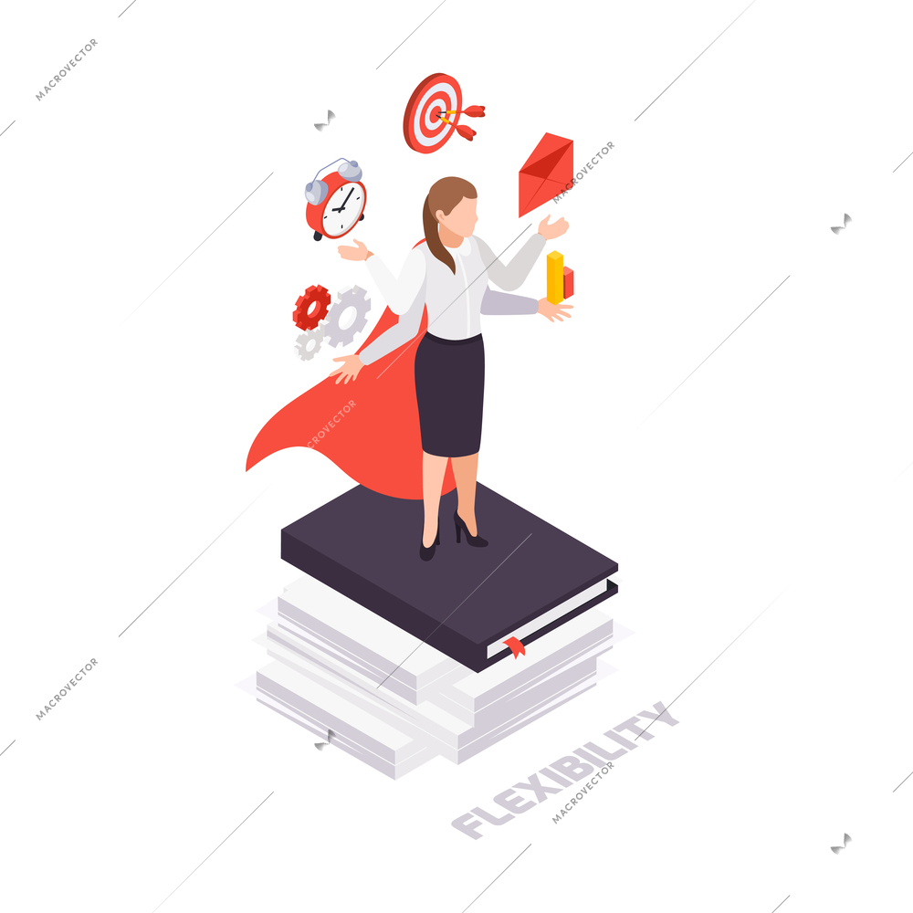 Soft skills isometric concept icon with female business character vector illustration