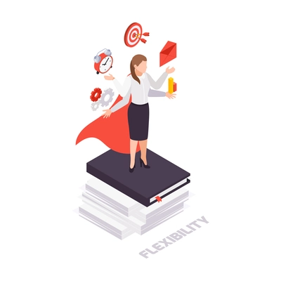 Soft skills isometric concept icon with female business character vector illustration