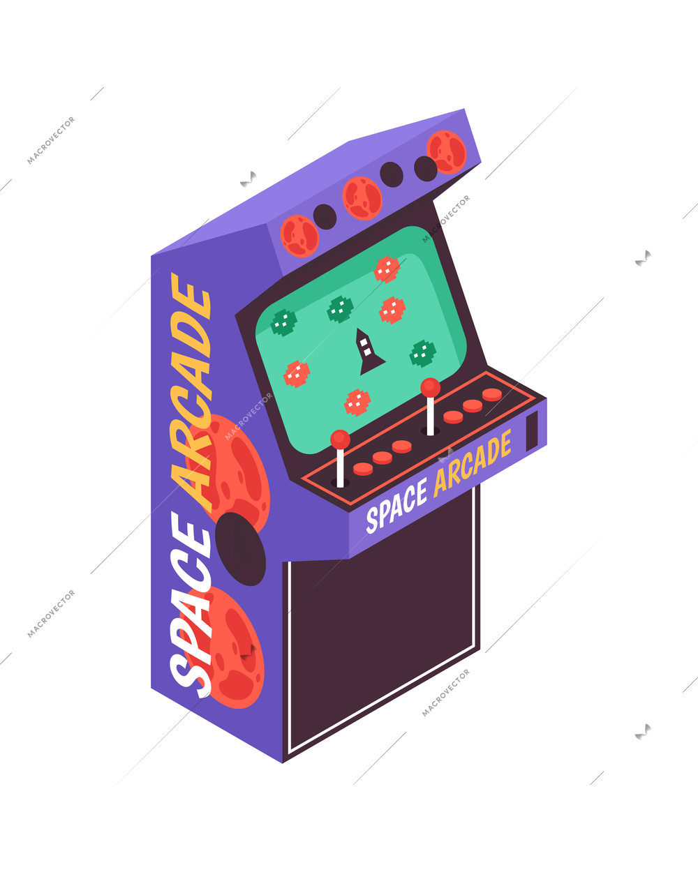 Colorful space arcade retro game machine with red buttons and controllers isometric icon vector illustration