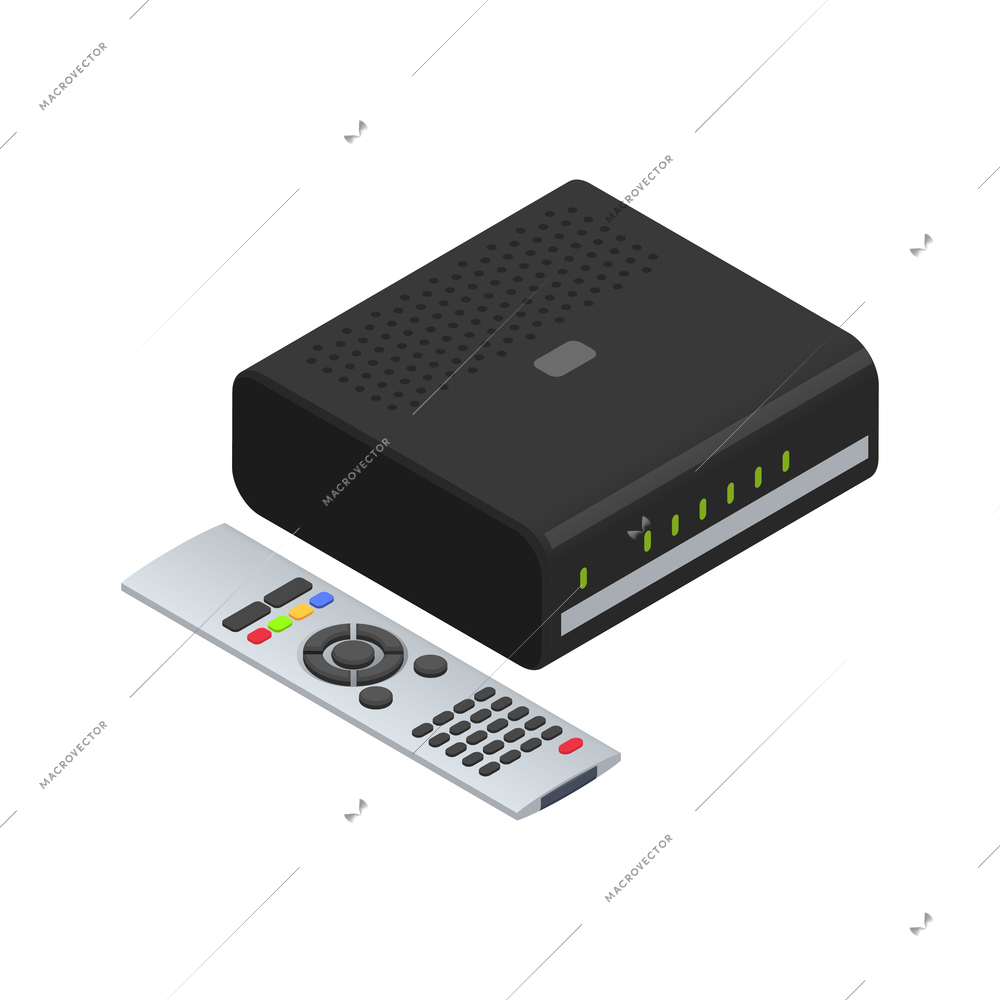 Isometric icon with remote control and receiver for satellite tv isolated vector illustration