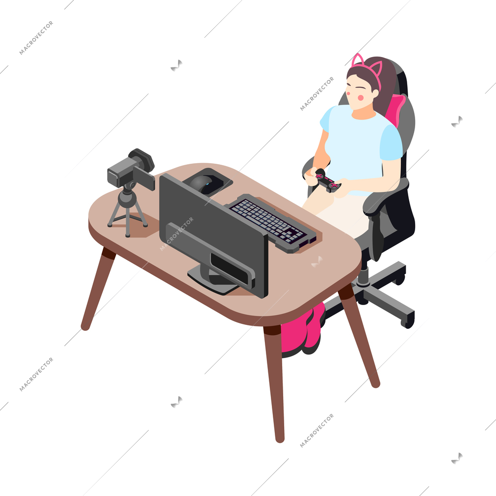 Isometric icon with female gamer vlogger making video and playing computer game 3d vector illustration