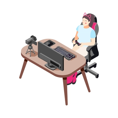 Isometric icon with female gamer vlogger making video and playing computer game 3d vector illustration
