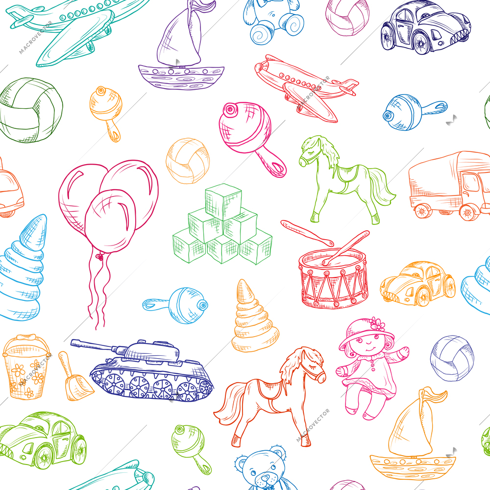 Vintage kids toys sketch colored seamless pattern with yacht teddy bear retro truck vector illustration