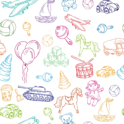 Vintage kids toys sketch colored seamless pattern with yacht teddy bear retro truck vector illustration