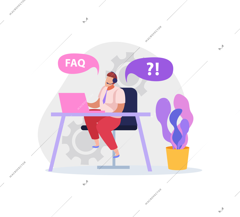 Support service worker answering clients questions at his work place flat vector illustration