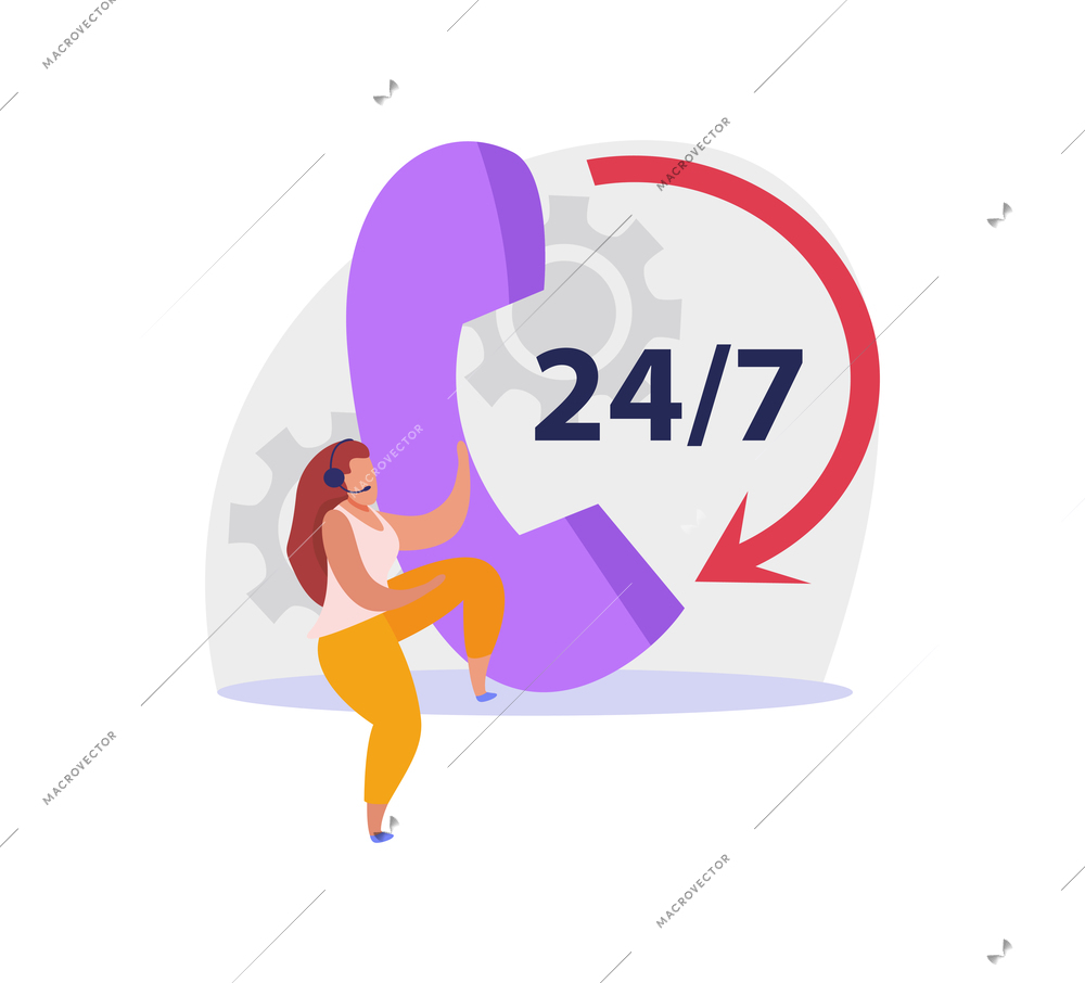 Twenty four hour client support service flat icon with human character and phone vector illustration