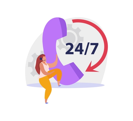 Twenty four hour client support service flat icon with human character and phone vector illustration