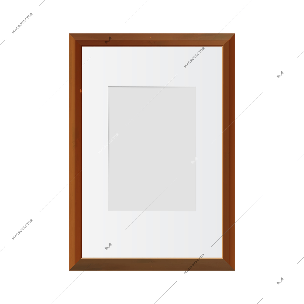 Wooden blank wall frame for photographs on white background realistic vector illustration