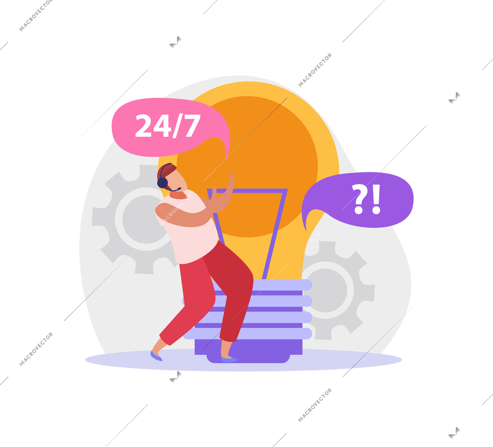 Flat colorful icon with character working at twenty four hour online support vector illustration