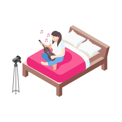 Music vlogger recording video while playing guitar isometric icon 3d vector illustration