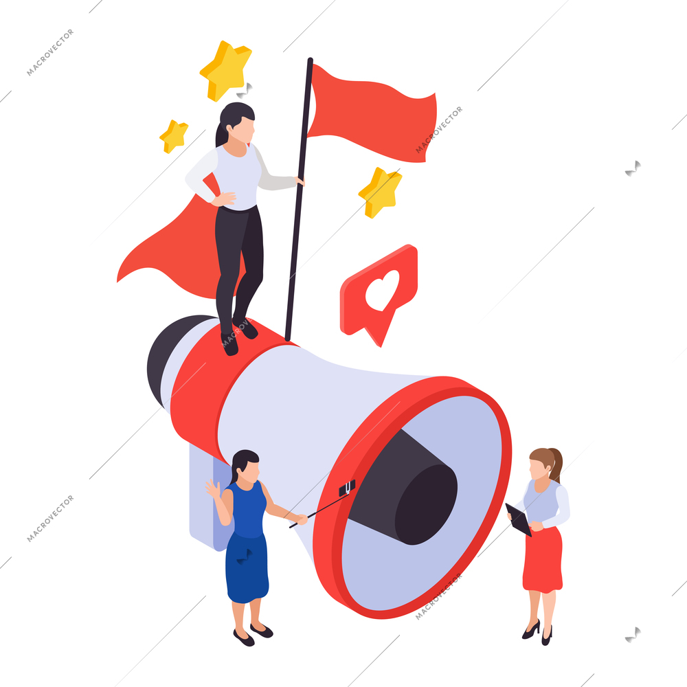 Isometric business promotion marketing advertising concept with characters and megaphone vector illustration