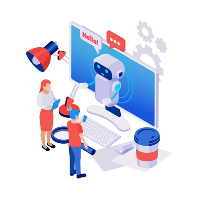 Cute chatbot greeting people isometric icon with computer and various objects 3d vector illustration