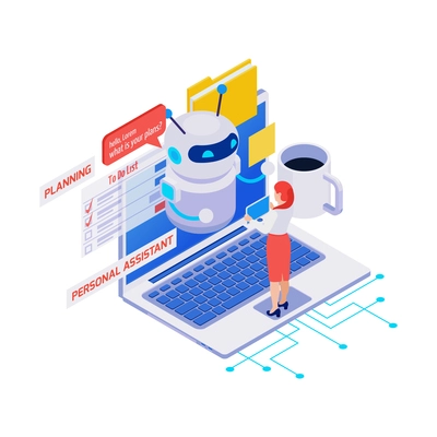 Isometric icon with woman using personal assistant and planner application on laptop 3d vector illustration