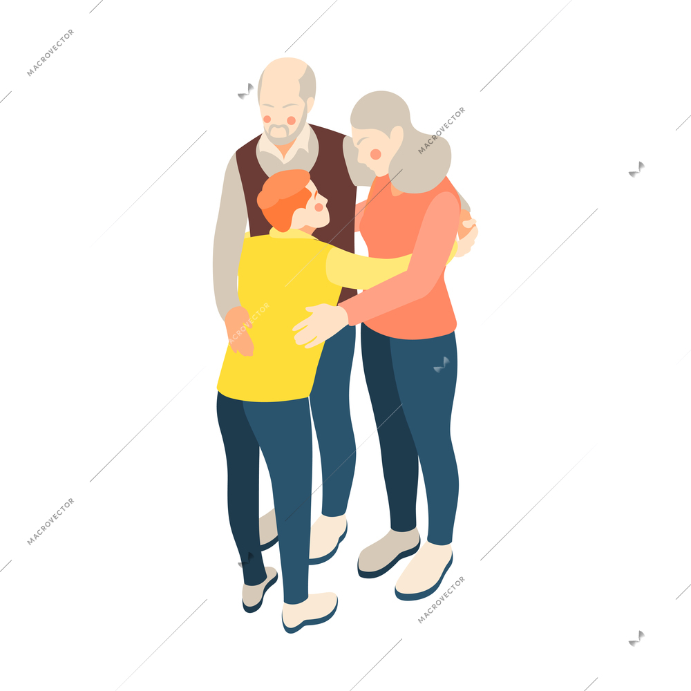 Teen hugging their grandparents isometric icon on white background 3d vector illustration