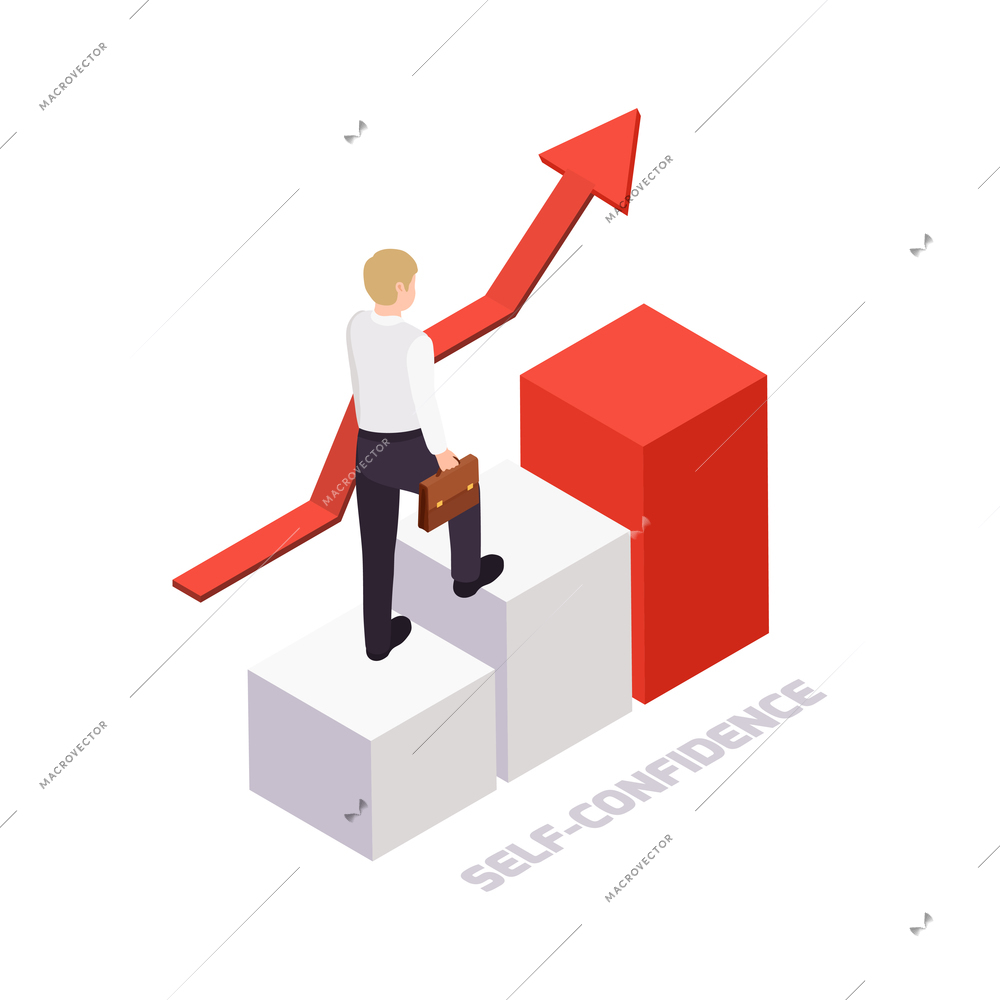 Self confidence concept with isometric character going up 3d vector illustration