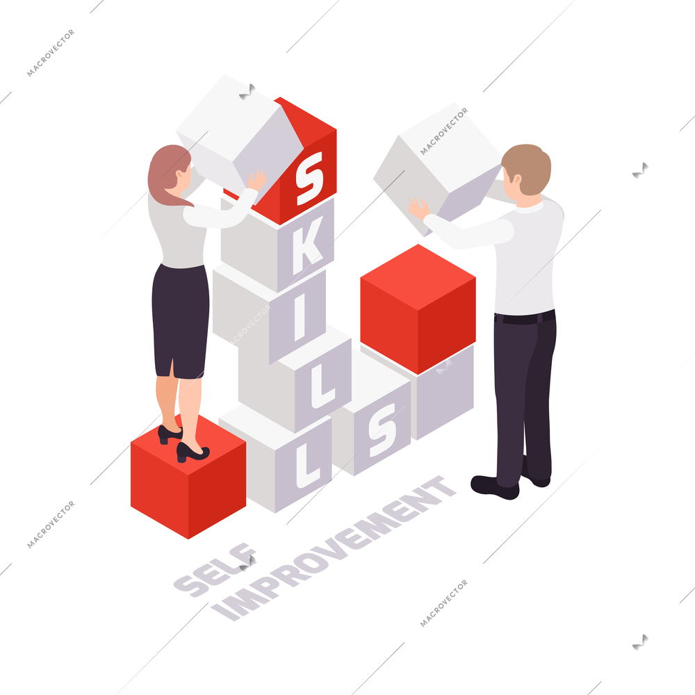 Self improvement business concept with people building word skill 3d isometric vector illustration