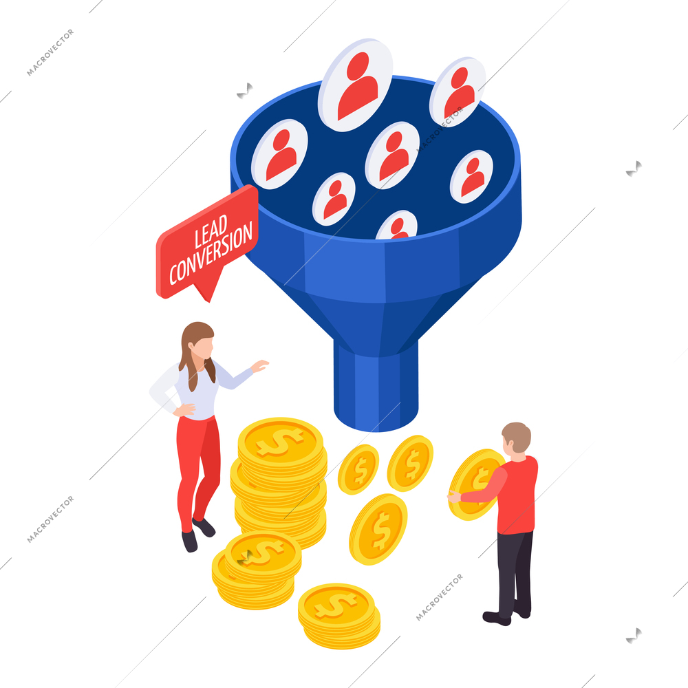 Lead conversion isometric concept with colorful 3d symbols on white background vector illustration