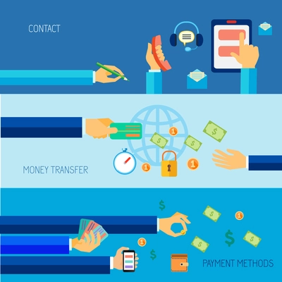 Human hands holding contact money transfer payment methods objects  flat banner set isolated vector illustration