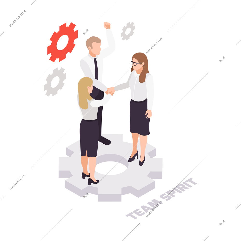 Business team spirit collaboration isometric concept with three characters vector illustration