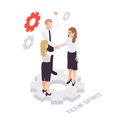 Business team spirit collaboration isometric concept with three characters vector illustration